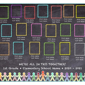 May include: A chalkboard with a colorful border and a title that reads "We're all in this together!"  The chalkboard is divided into 36 squares, each with a space for a student's name.  The squares are outlined in different colors.  The bottom of the chalkboard has a row of colorful stick figures holding hands.