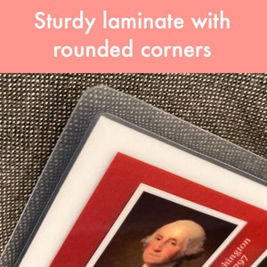 May include: A close-up of a clear plastic protective sleeve with rounded corners. The sleeve is protecting a red and white card with a picture of George Washington and the text "Washington 1797".