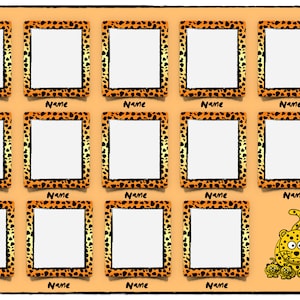 May include: A classroom photo board with a leopard print design. There are 16 empty frames with the word "Name" written below each frame. The board has the text "CLASS NAME SCHOOL NAME 2018-2019" on the right side.