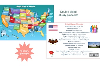 USA Map Placemat • Geography • Whimsical • Colorful • 50 States • America • Laminated • Reversible • Durable • Wipe Clean • Children