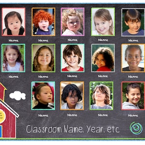 May include: A chalkboard with a red schoolhouse drawing and 21 framed photos of children. The chalkboard has the text "Classroom Name. Year, etc" written on it.