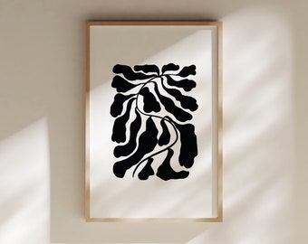 Impresión de arte floral abstracto / Arte de pared digital / Arte de pared de galería / Floral blanco y negro / Impresión de arte botánico minimalista moderno