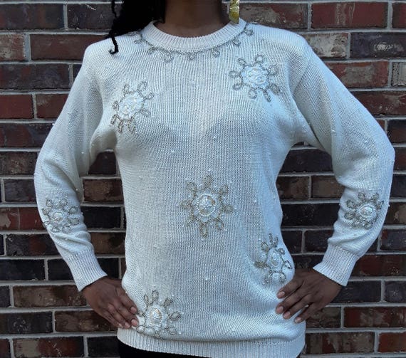 80s Fitted Ivory Beaded Sweater by DANA SCOTT - image 6