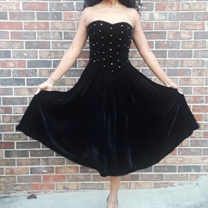 1980s Black Velvet Rhinestone Bodice Prom Dress by POSITIVELY ELLYN