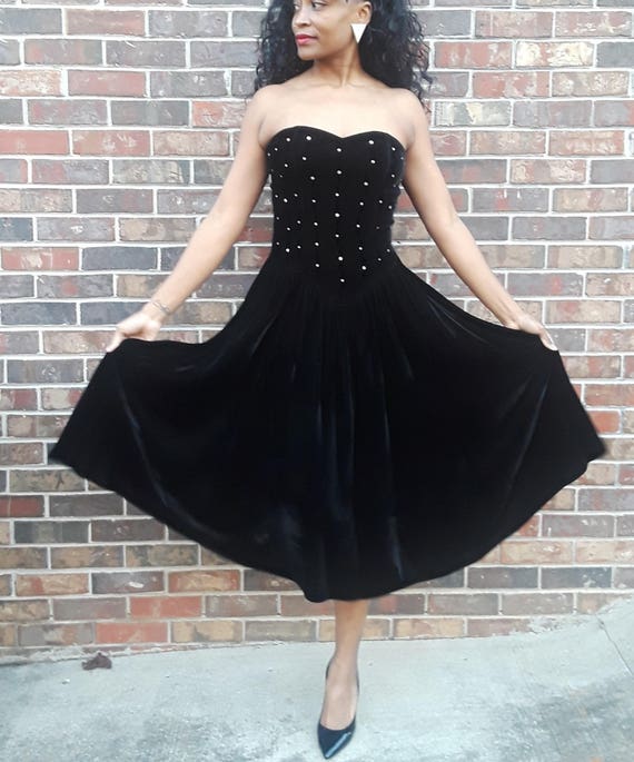 80s black prom dress John Charles velvet and metallic party The Frockery 1980s Black Velvet Rhinestone Bodice
