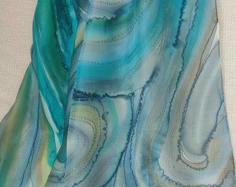 Art to wear. READY2go. Hand painted Silk Scarf Original. Long shawl. Green Blue Brown Gray lines . Classy elegant gift idea for mom.