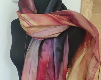 Volcano II. Ready2go. Artful long silk scarf, abstract fire art. Very long 82". Red Orange Black. Hand-painted. Natural silk. Gift for woman