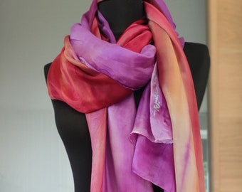 Ready2go. Artful long silk scarf, abstract art. Very long scarf. Red Purple Yellow Batiq Hand-painted shawl. Natural. Gift for woman