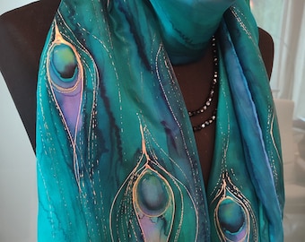 TO ORDER. Peacock. hand painted feather shawl. Dark Emerald green silk scarf. Christmas gift idea for mom, daughter. Gift wrap free.