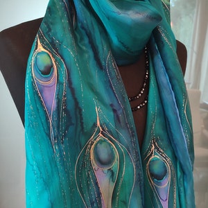 TO ORDER. Peacock. hand painted feather shawl. Dark Emerald green silk scarf. Christmas gift idea for mom, daughter. Gift wrap free.