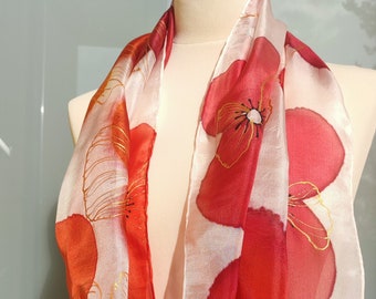 Red Poppy silk scarf hand-painted. Summer long scarf Soft scarves for woman. red and white scarf Red poppies field Floral scarf with flowers