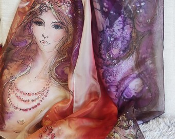 Autumn Goddess. 100% silk hand painted. Long Silk scarf, wrap. Fall red purple scarf. Romantic Christmas Gift. 1st 7th Chakra harmonize.