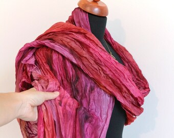 85" very long silk scarf. Wine Red, Carmine red, Purple. Hand dyed silk scarf. Gift for Wife. Ombre Evening wrap. Red Silk Sarong