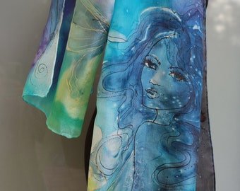 Woman with Butterflies. Whimsical Silk scarf hand painted. Scarf with Butterflies . Dark Blue Purple green. Fairy face. Scarf with woman