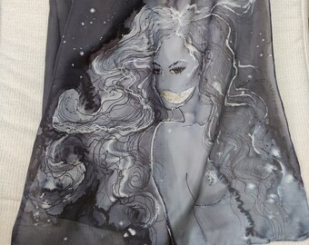 Midnight Secrets. 100% silk hand painted. READY TO SHIP. Black White Silver. Silk scarf - wrap. Love Gift for her. Luxury bridesmaid Gift