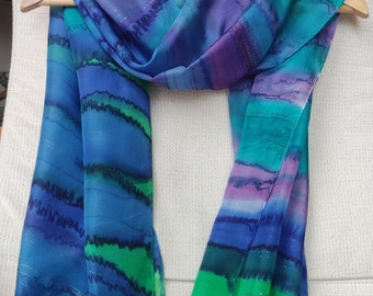 Art to wear. READY2go. Hand painted Silk Scarf Original. Long shawl. Green Blue Magenta Purple lines . Classy elegant gift idea for mom.