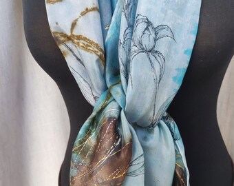 Botanical print scarf. Silk scarf hand painted. Peonies Floral drawing. Blue Beige Brown Leaves. Soft, ethereal Nature Lover Gift. mom, wife