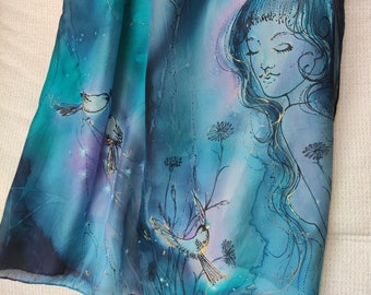 Silk scarf hand painted. Designer scarf. Woman and bird. Whimsical wedding wrap. Dark Blue Black silver. Fairy face. Scarf with woman