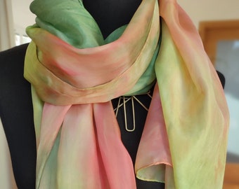 Ready2go. Artful long silk scarf, abstract art. Long&wide scarf. Leave Green Peach Apricot. Batiq Hand-painted shawl. Natural Gift for her