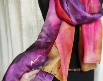 PinkPurple Chameleon. Ready2go. Very long 82" silk scarf. Purple Yellow color splash. Artful, Hand-painted. Gift for woman. Trendy colors