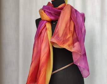 Ready2go. Artful Red Purple yellow. long silk scarf, abstract art. Very long scarf.  Hand-painted shawl. Natural silk. Gift for woman