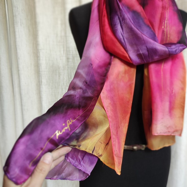 PinkPurple Chameleon. Ready2go. Very long 82" silk scarf. Purple Yellow color splash. Artful, Hand-painted. Gift for woman. Trendy colors