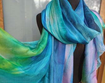 Super large scarf. Unique, hand painted. Blue Pink Green. Soft shawl. silk wrap. Romantic gift sister mom. Pastel spring summer