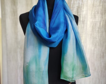 Ocean Vibes. Ready2go. Artful long silk scarf, abstract art. Christmas gift. Cobalt Blue Mint Green. Hand-painted. Natural. for woman