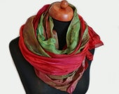Silk Rose Scarf. Red Green wrap. Gift for mom. Hand-painted silk scarf very long. Spring scarf. Strawberry red pink green brown.