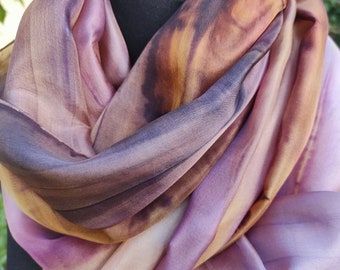 Cappuccino. Ready2go. Artful silk scarf, long82inch, abstract art. Beige Brown Purple extra long. Hand-painted natural shawl. Gift for woman