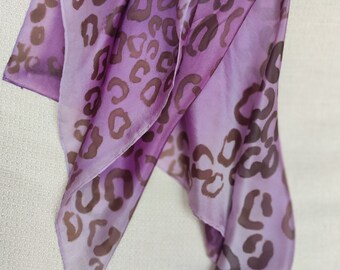 Chic small bandana silk scarf, hand painted. Lavende Purple square scarf. Brown Black Cheetah print. Modern Bandana. Christmas Gift idea mom