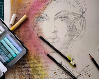 Hand painted original art.  Womannwith butterfly. One of a kind piece. Pencil drawing+pastel. Girl room gift , wall decor for her. Romantic