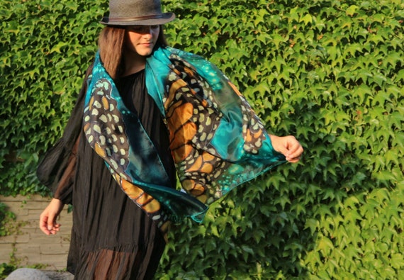 Silk Scarf Hand Painted Black Orange Monarch Black And White Etsy