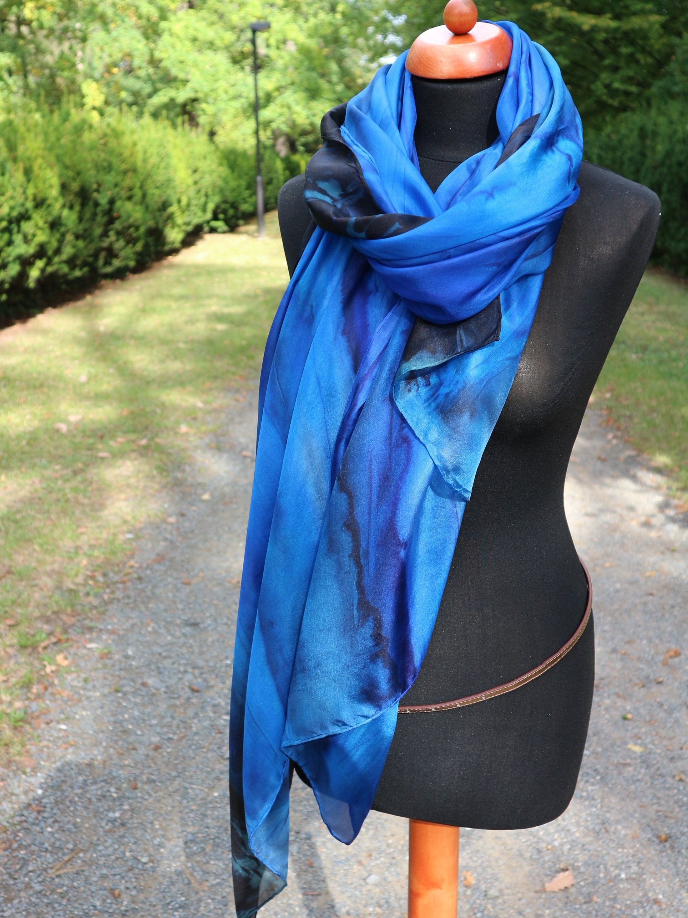 Cobalt Blue Scarf. Super long 88. Handpainted Silk. Blue Etsy