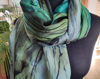 Ready2go. Artful long silk scarf, abstract art. Long and wide scarf. Light Gray Khaki Green Batiq Hand-painted shawl. Natural Gift for woman