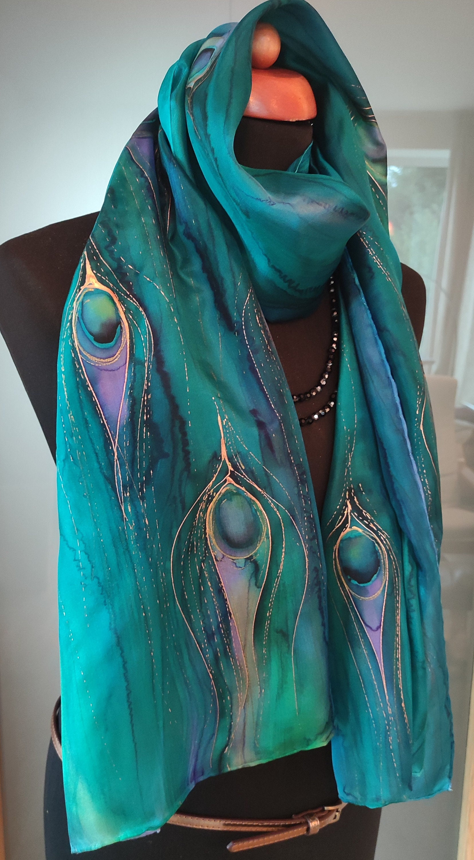 Women's Hand Felted Peacock Design Scarf, Merino Wool & Chiffon