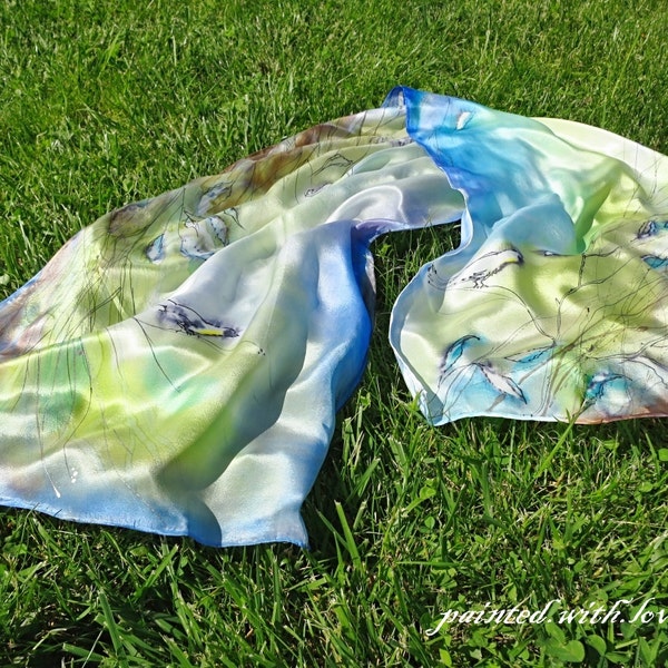 Hand painted silk scarf. Birds in bush Autumn Wind Abstract READY TO SHIP wearable art. Luxusy gift. Exceptional. Blue , lemon green, brown.