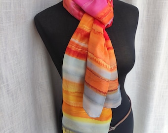 Happy. Artistic silk scarf hand painted. READY2go. Red Orange Pink. Original Gift for wife, mom, her. Soft delicate natural silk. Stripes