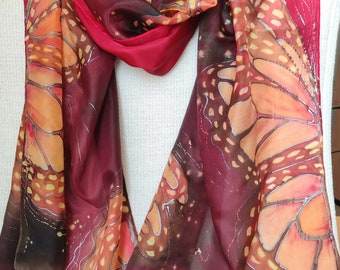 Art scarf. Ready2go. Butterfly scarf, Brown Orange Red Hand painted shawl. Silk scarf Monarch. Art gift idea for mom, grandma. Earth colors