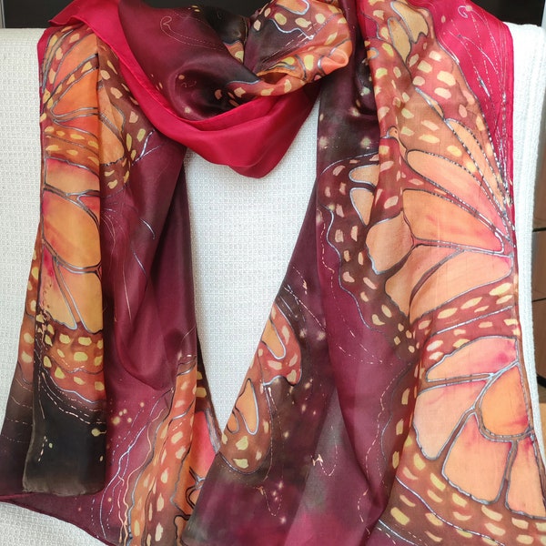 Art scarf. Ready2go. Butterfly scarf, Brown Orange Red Hand painted shawl. Silk scarf Monarch. Art gift idea for mom, grandma. Earth colors