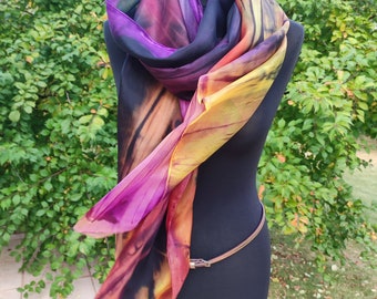 Ready2go. Very long 82" silk scarf. Purple Black Yellow color splash. Artful, Hand-painted. Gift for woman. Winter Fall feminine colors