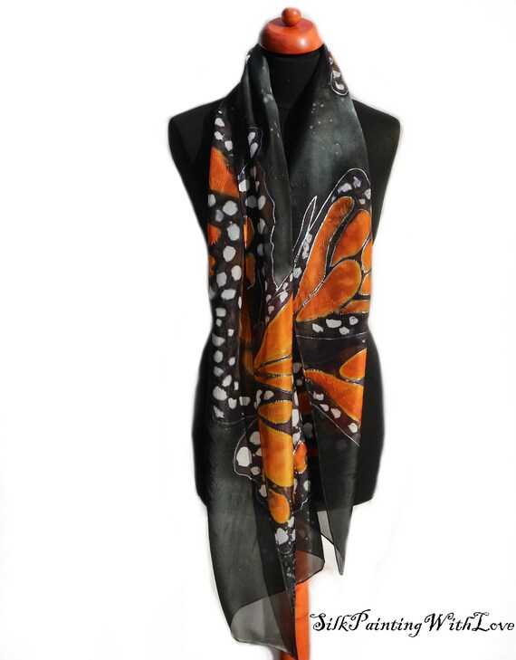 Silk scarf hand painted. Black orange monarch. black and white Etsy