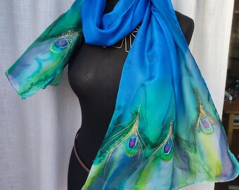 Ready2go. Golden feathers Artful long silk scarf. Peacock feathers art. Very long scarf.  Hand-painted shawl. Natural silk. Gift for woman