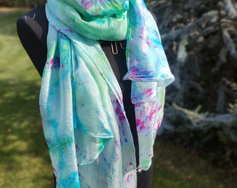 Mermaid. Silk scarf hand dyed. Light And soft. Modern ice batiq. large. White Blue pink. abstract hand dyed scarf. Unique Gift for her.