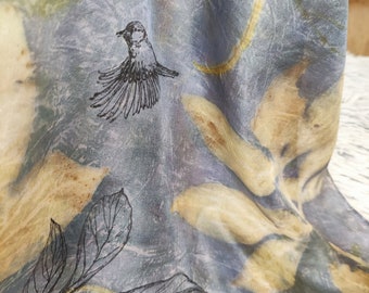 Botanical print scarf. Silk scarf hand painted. Peonies Floral drawing. Blue Beige Brown Leaves. Soft, ethereal Nature Lover Gift. mom, wife