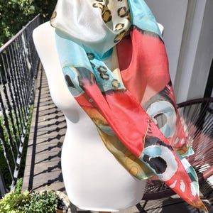 Art on silk. Handpainted with brush. Animal print Butterfly. Floaty pure silk. READY 2go. Beige Black Red. Designer scarf. Soft gift for her