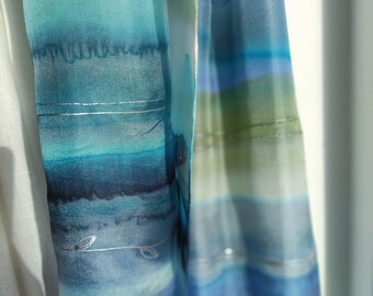 Artistic silk scarf hand painted. READY2go. Khaki Turquiose Blue Purple grey. Gift wife, mom, her. Soft delicate natural silk. Stripes