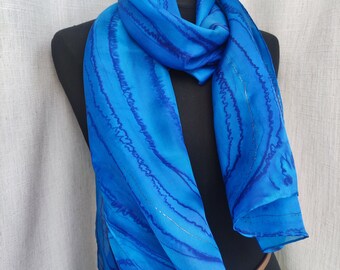 Art to wear. READY2go. Hand painted. Light Vívid Silk Scarf Original. Long soft shawl. Cobalt Blue, silver lines . Classy gift idea for mom.