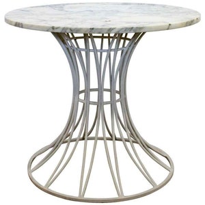 Mid Century Modern Woodard White Patio Table w Marble Top Round 1960s image 1