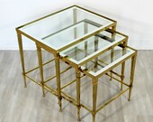 Mid Century Modern French Set 3 Nesting Stacked Side Tables Brass Glass 1950s